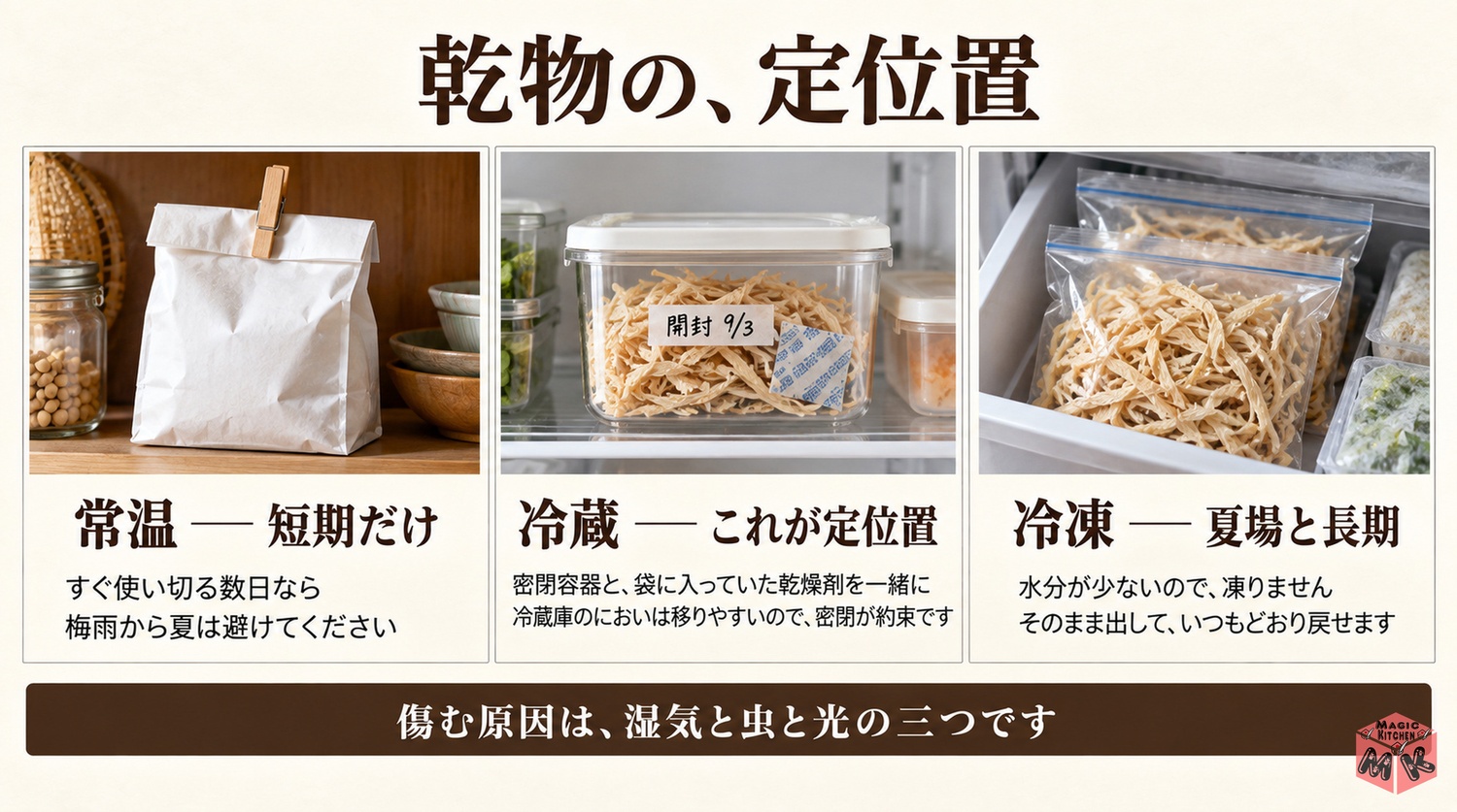 常温と冷蔵と冷凍の切り干し大根の保存の使い分けの図解