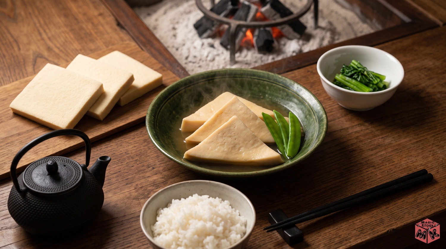 高野豆腐の含め煮の鉢と和の食卓イメージ