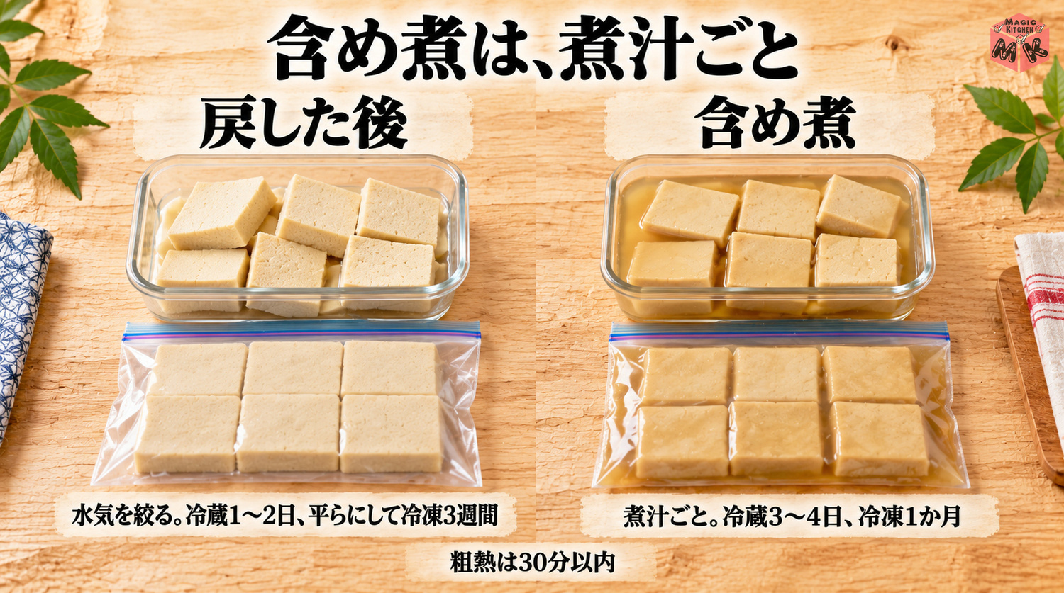 高野豆腐を戻した後と含め煮の保存(水気を絞って冷蔵1〜2日・冷凍3週間/含め煮は煮汁ごと冷蔵3〜4日・冷凍1か月)