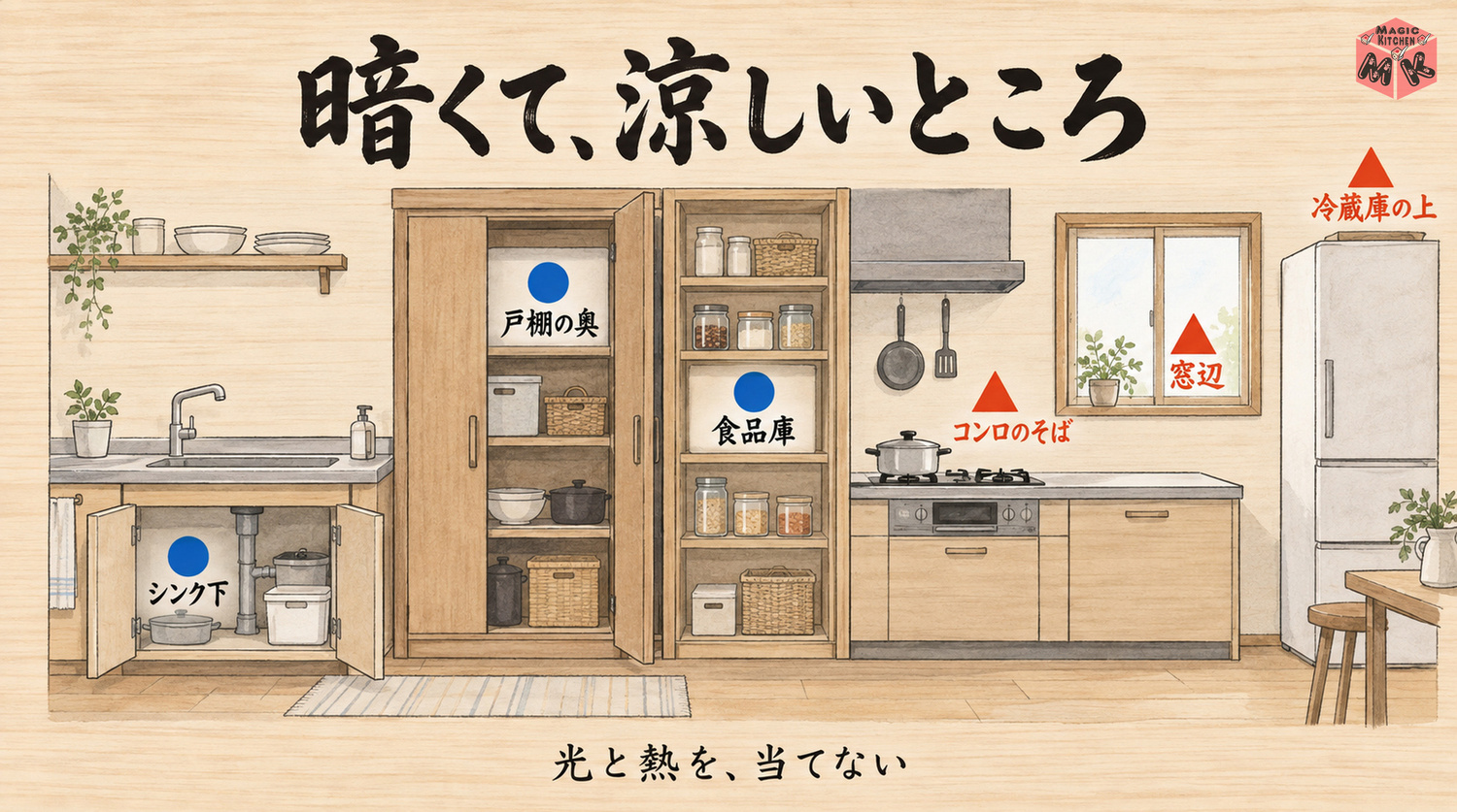 高野豆腐の未開封の保存場所(シンク下・戸棚の奥・食品庫は○、コンロのそば・窓辺・冷蔵庫の上は避ける)