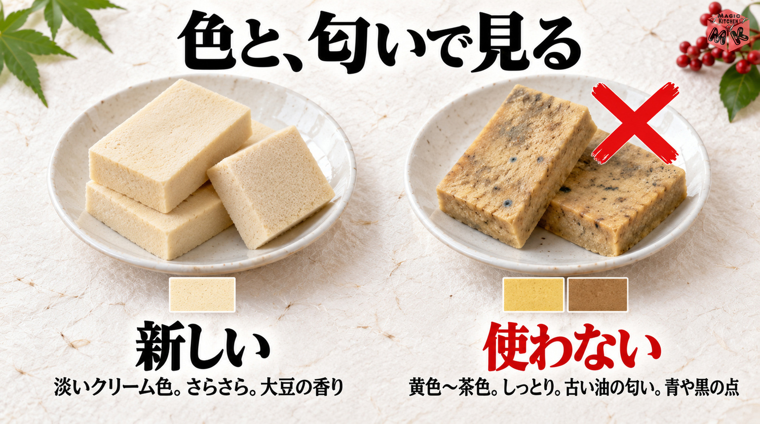 高野豆腐の傷んだサインの見分け方(淡いクリーム色が本来・黄色〜茶色と古い油の匂いは使わない・青や黒の点はカビ)