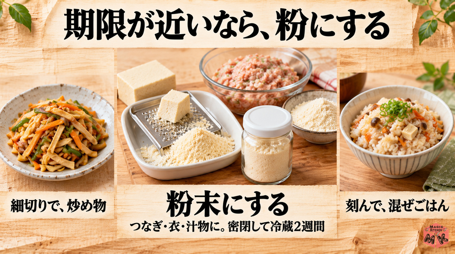 余った高野豆腐の使い切り方(粉末にしてつなぎや衣に・細切りで炒め物・含め煮を刻んで混ぜごはん)