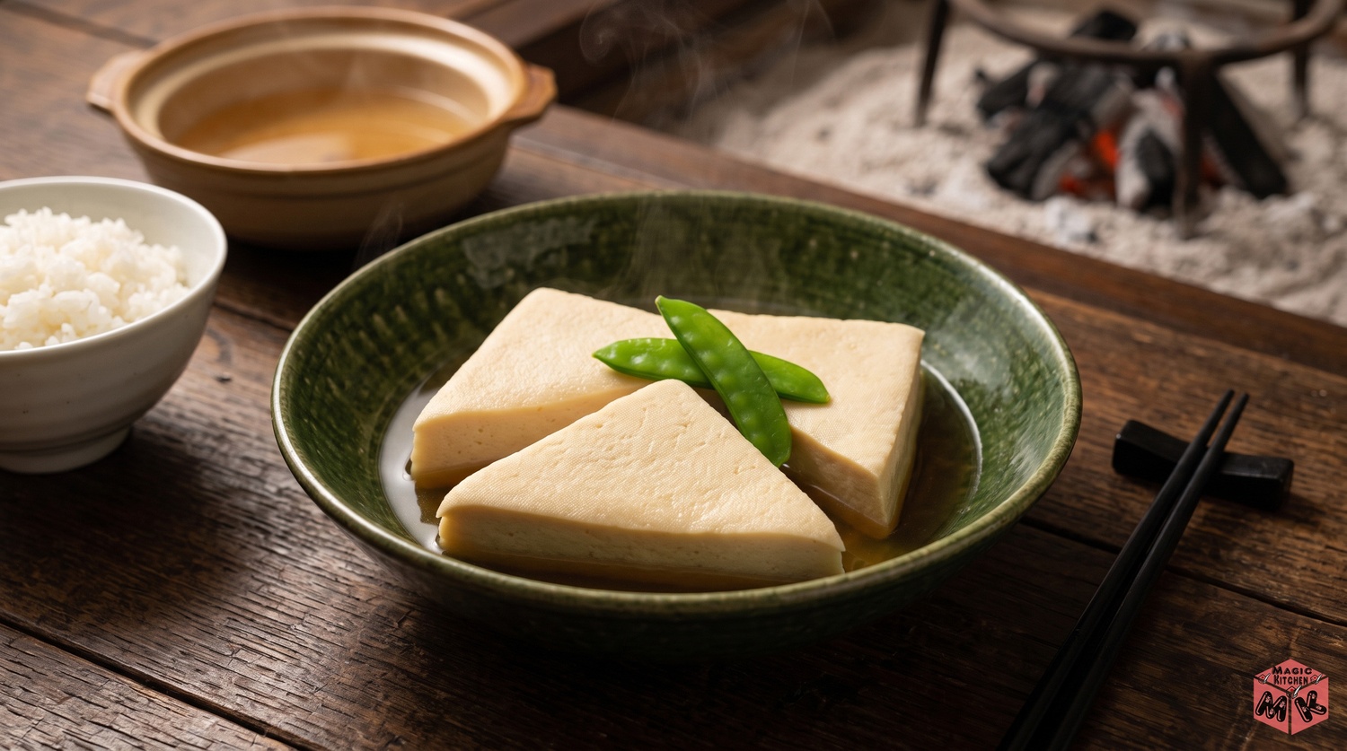 高野豆腐の含め煮と絹さやの鉢と家族の食卓イメージ