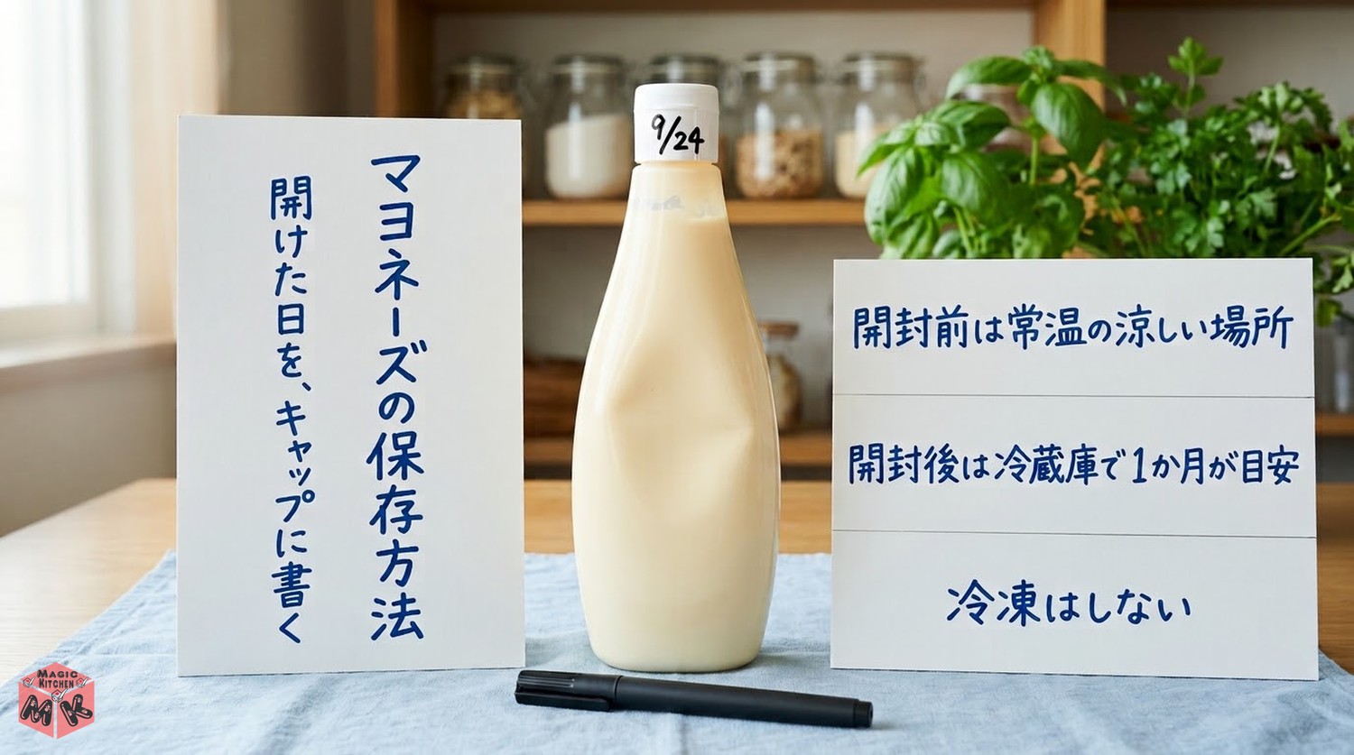 開封日を書いて冷蔵庫で保存するマヨネーズ