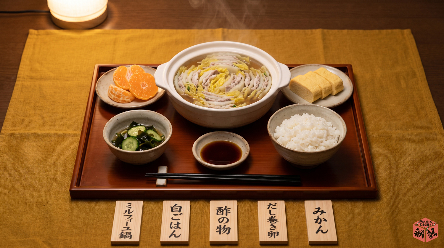 ミルフィーユ鍋の献立A(だしとポン酢の鍋・白ごはん・きゅうりとわかめの酢の物・だし巻き卵・みかん)