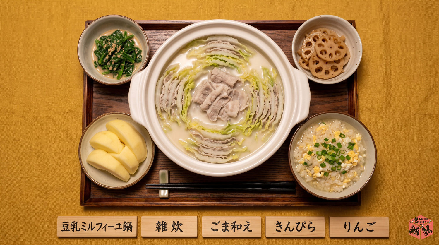 ミルフィーユ鍋の献立B(豆乳鍋・しめの雑炊・ほうれん草のごま和え・れんこんのきんぴら・りんご)