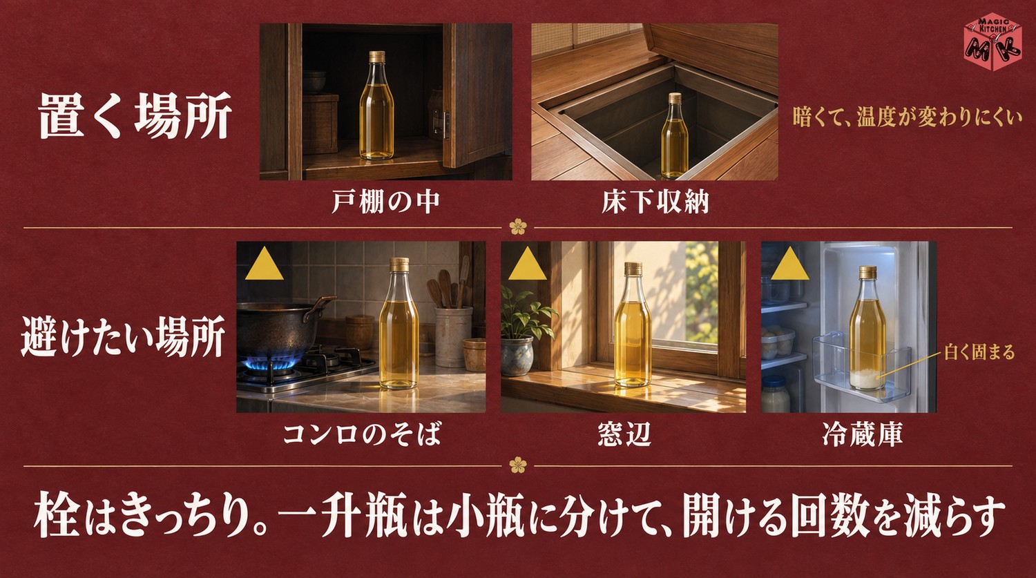 本みりんの常温保存(戸棚や床下収納・冷蔵庫には入れない・小瓶に分ける)