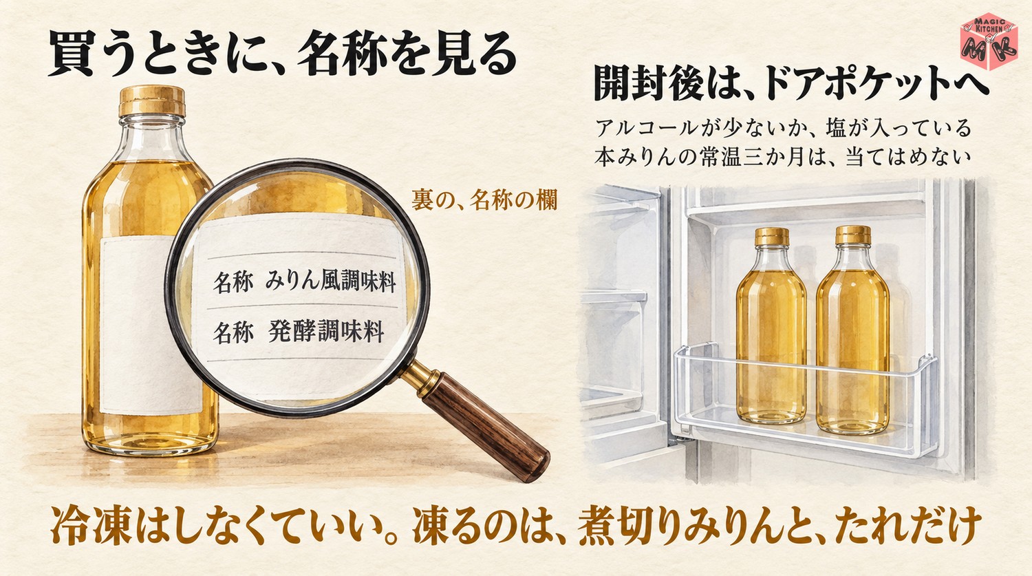 みりん風調味料と発酵調味料の冷蔵保存(ラベルの表示を見る・冷凍はしなくていい)