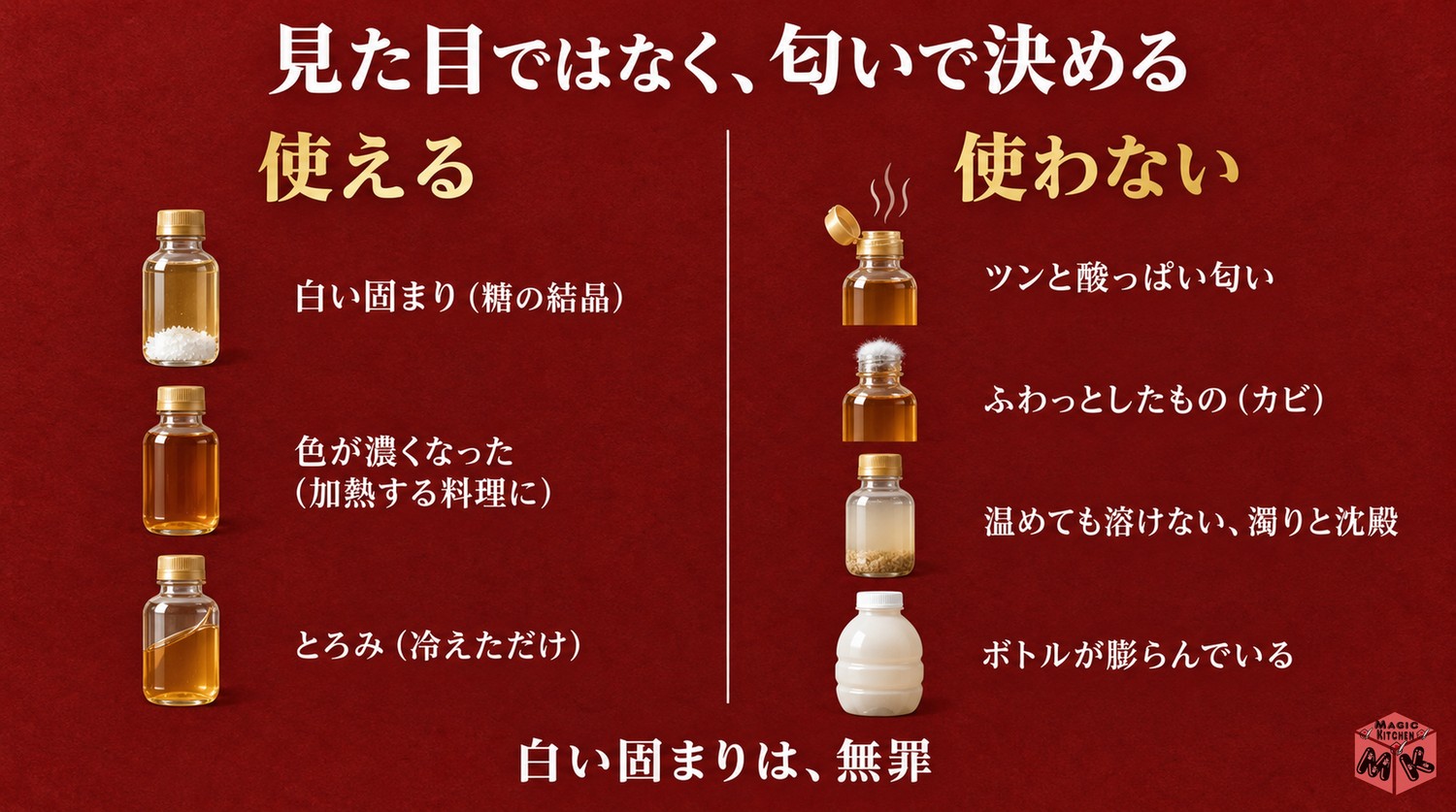 みりんの傷んだサインの見分け方(白い固まりは使える・酸っぱい匂いとカビは使わない)