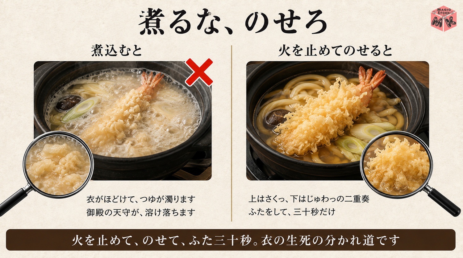 海老天は火を止めてからのせる対比の図解