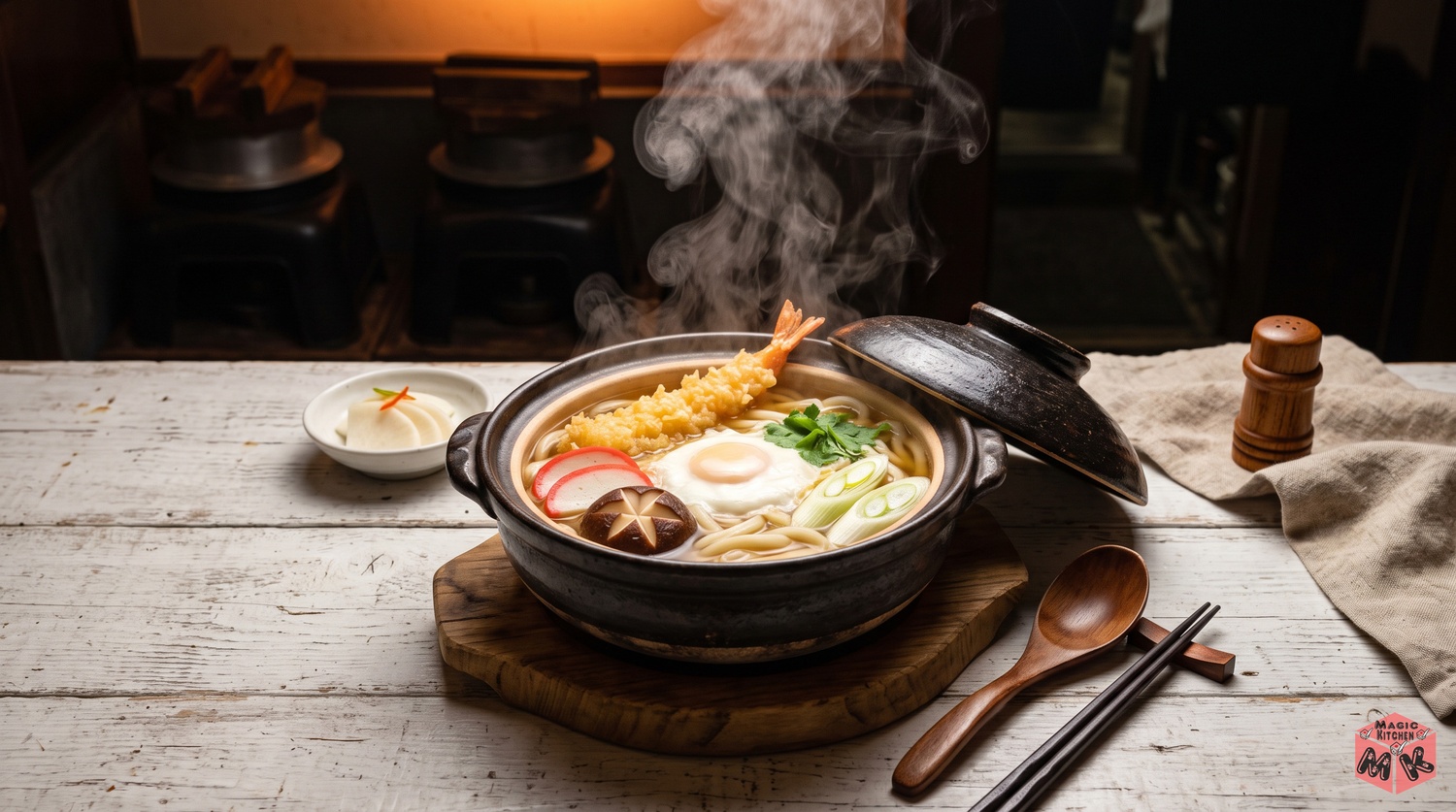 土鍋の鍋焼きうどんとふたを開けた湯気の食卓イメージ