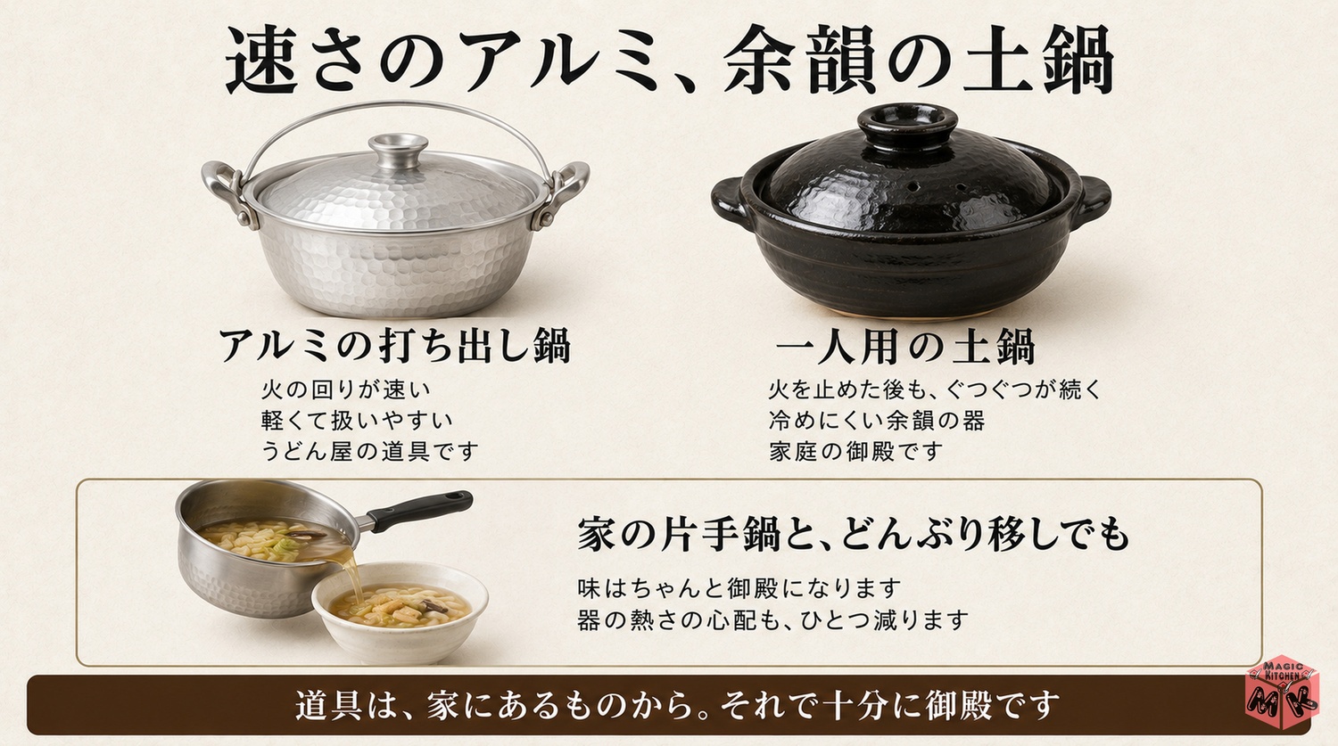 アルミ鍋と土鍋の使い分けの図解