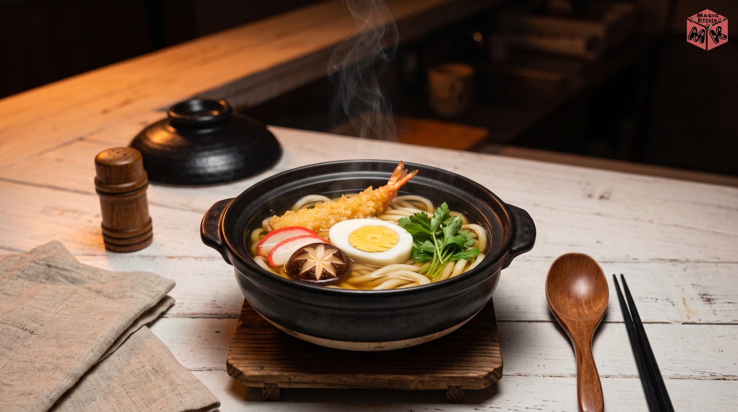 れんげと箸を添えた鍋焼きうどんと湯気の食卓イメージ