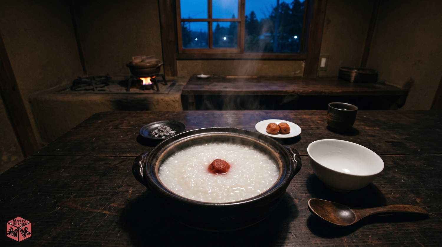 土鍋の白がゆと梅干しの朝の食卓イメージ