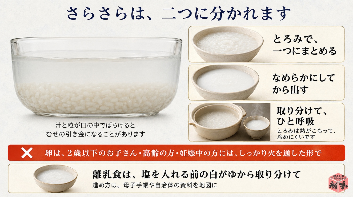 さらさらの粥の二層のむせととろみでまとめる工夫