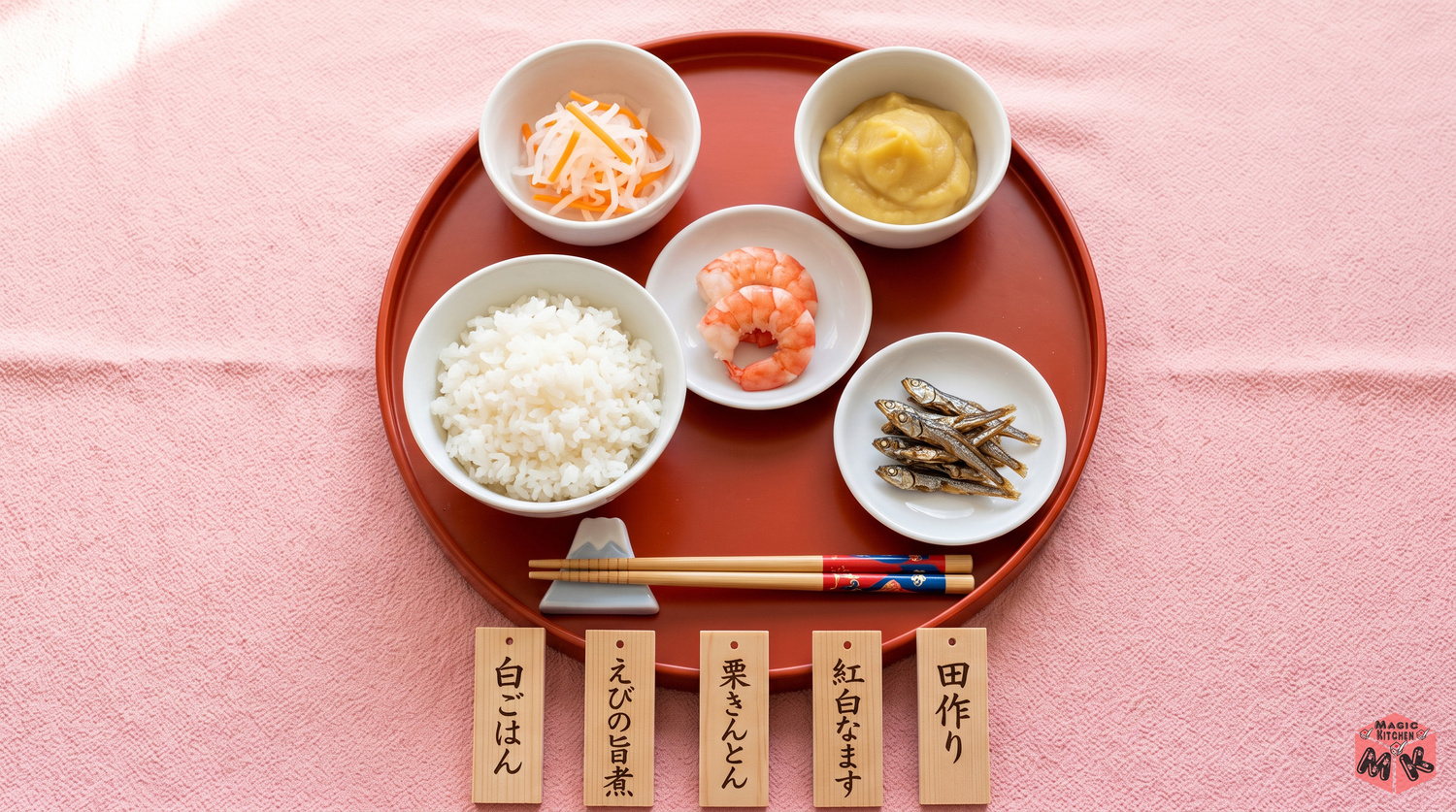 子ども向けのお正月献立B(小学生向け・白ごはん・えびの旨煮・栗きんとん・紅白なます・田作り)