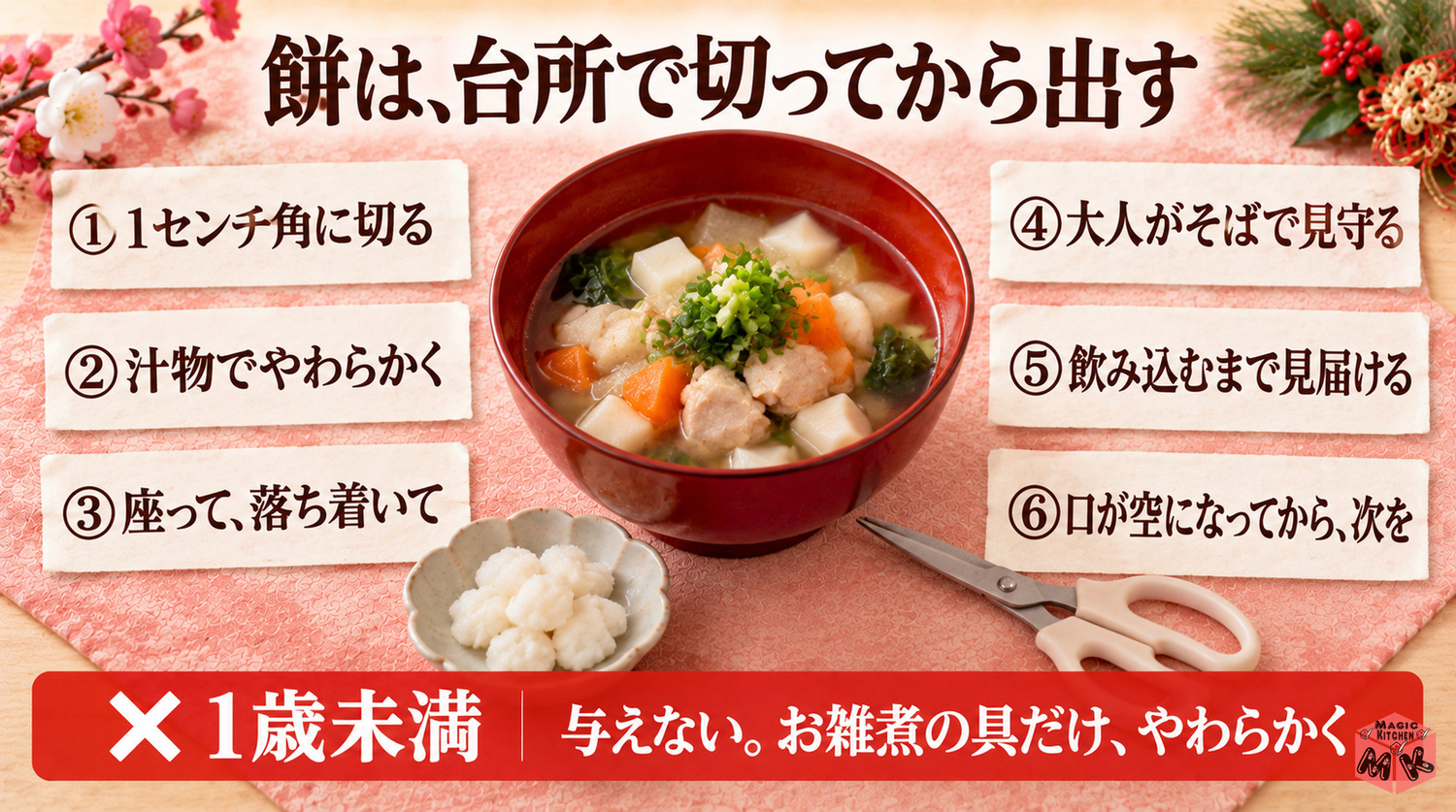 子どもとお餅の見守り(台所で切ってから出す・1歳未満には与えない)