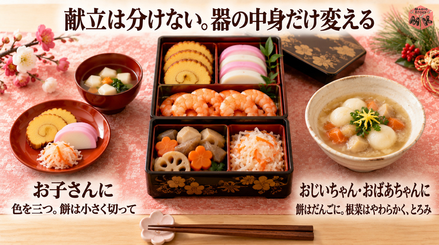 三世代で囲むお正月の食卓(献立は分けない・器の中身だけ変える)