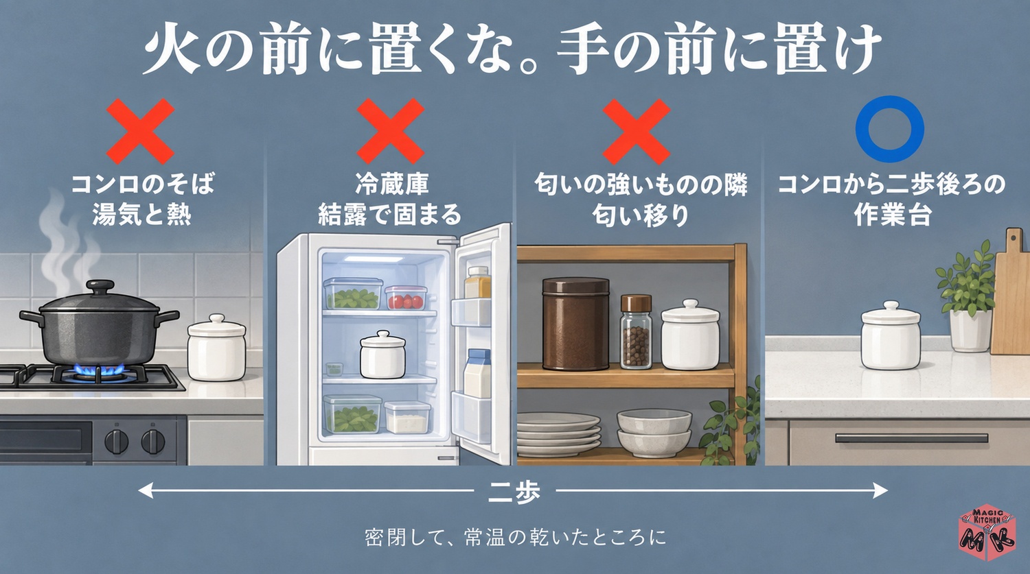 塩の置き場所（コンロから離れた戸棚は○・コンロのそば・冷蔵庫・匂いの強いものの隣は避ける）