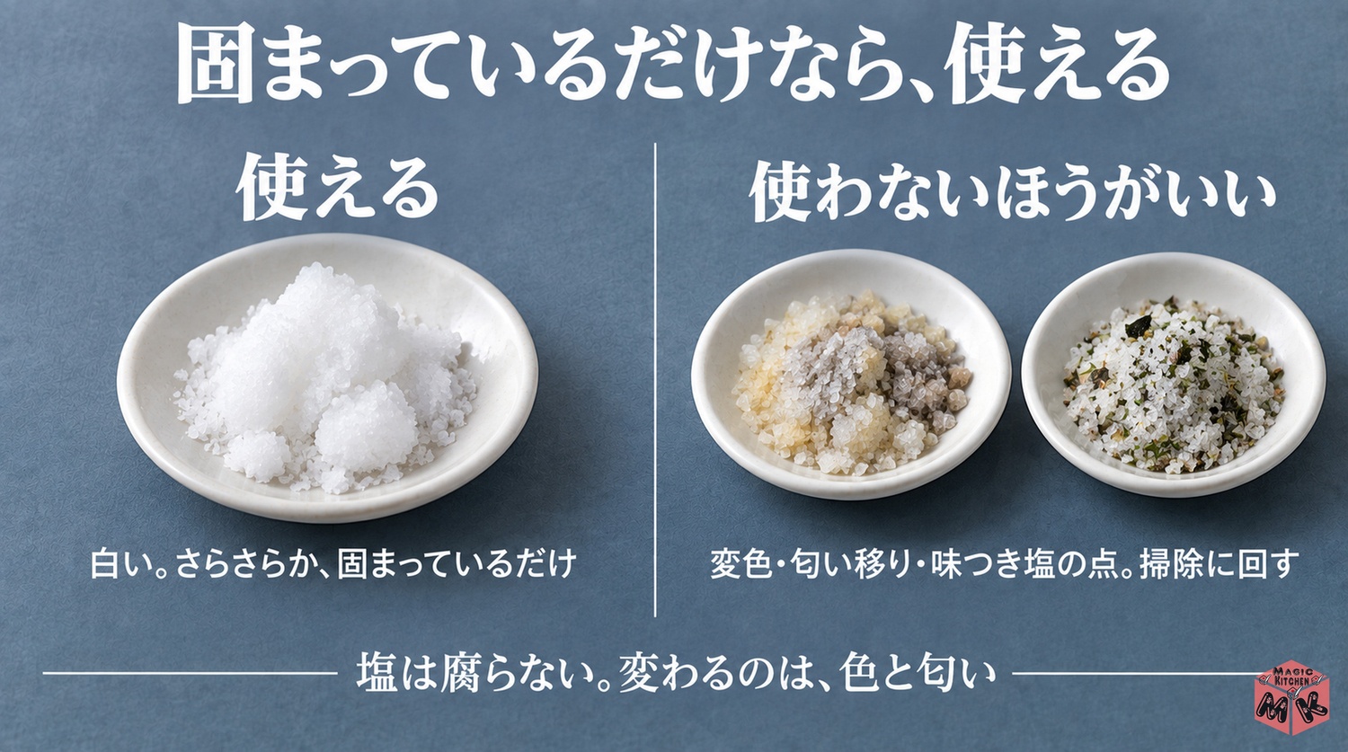 塩の傷んだサイン（固まっているだけなら使える・変色や匂い移り・味つき塩のカビは使わない）