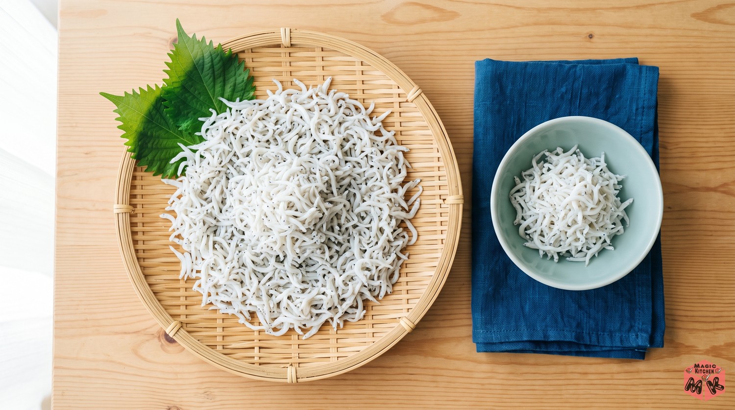 竹ざるに広げた釜揚げしらす