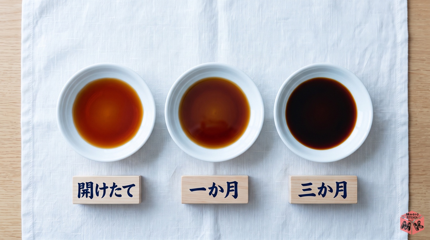 醤油の色が濃くなる理由（開けたては赤みのある透明な茶色→空気と光で黒く・香りが落ちる）