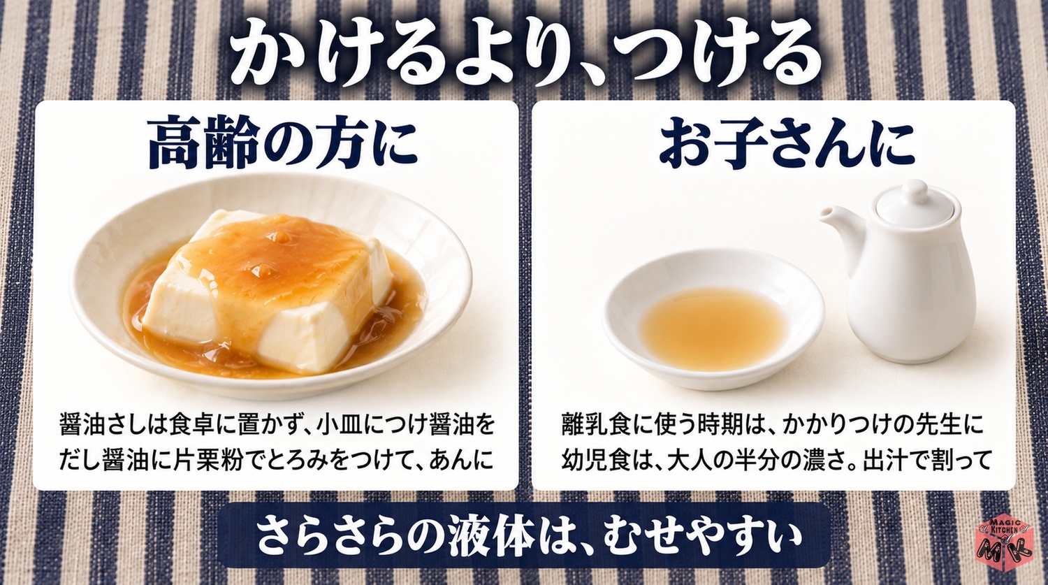 高齢者や子供にやさしい醤油の使い方（かけるよりつける・だし割りでとろみ・離乳食はかかりつけの先生に）