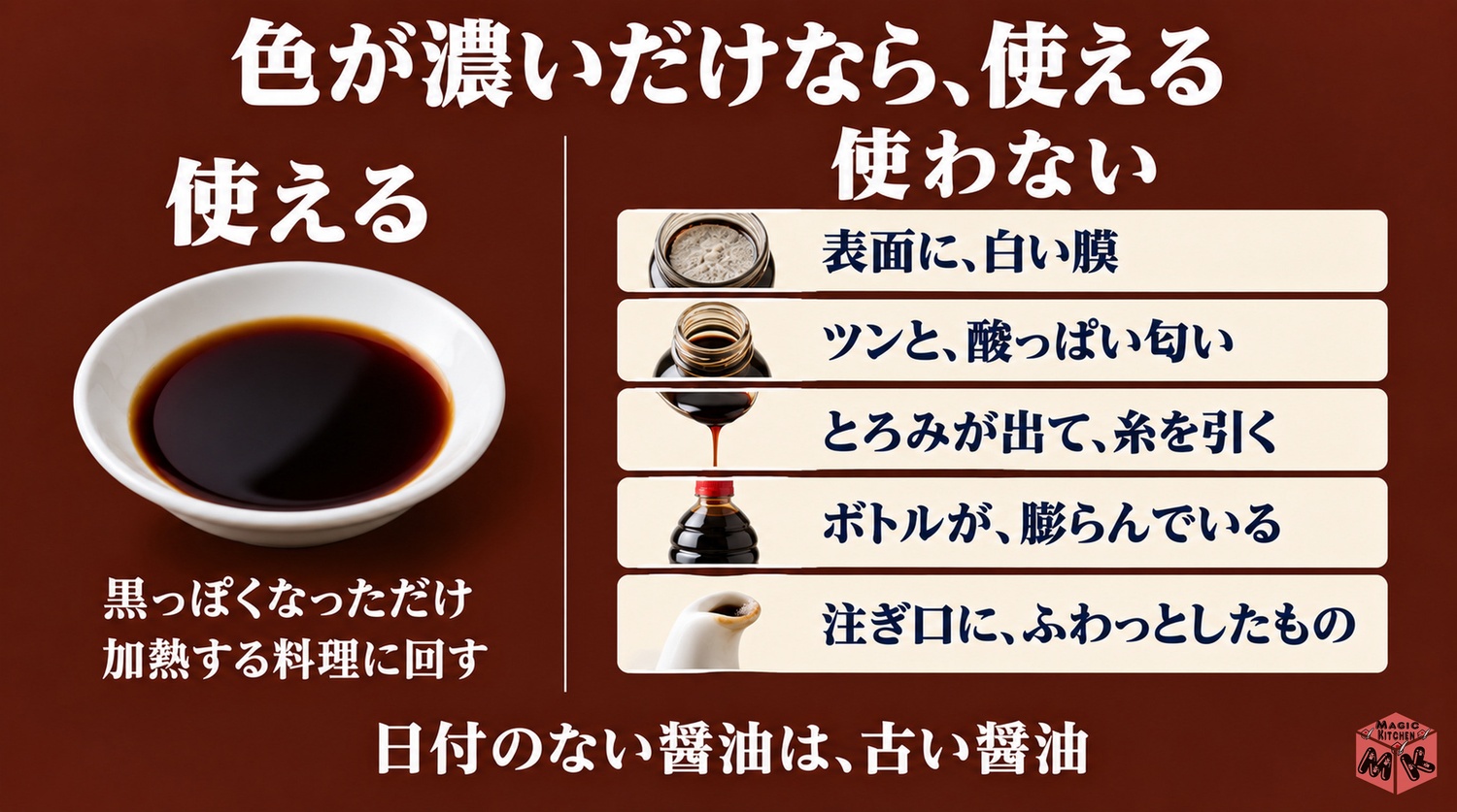 醤油の傷んだサインの見分け方（色が濃いだけなら使える・白い膜と酸っぱい匂いは使わない）