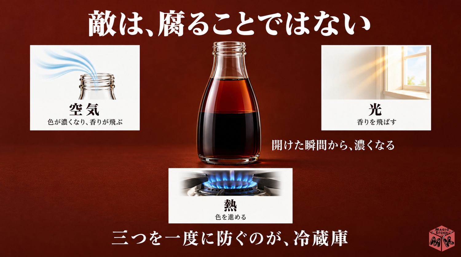 醤油の3つの敵（空気・光・熱）と、開けた瞬間から色が濃くなる仕組み