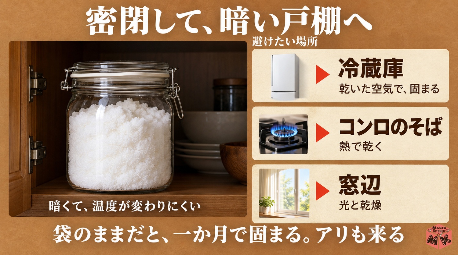 砂糖の保存場所と容器（戸棚の中に密閉して・冷蔵庫とコンロのそばと窓辺は避ける）