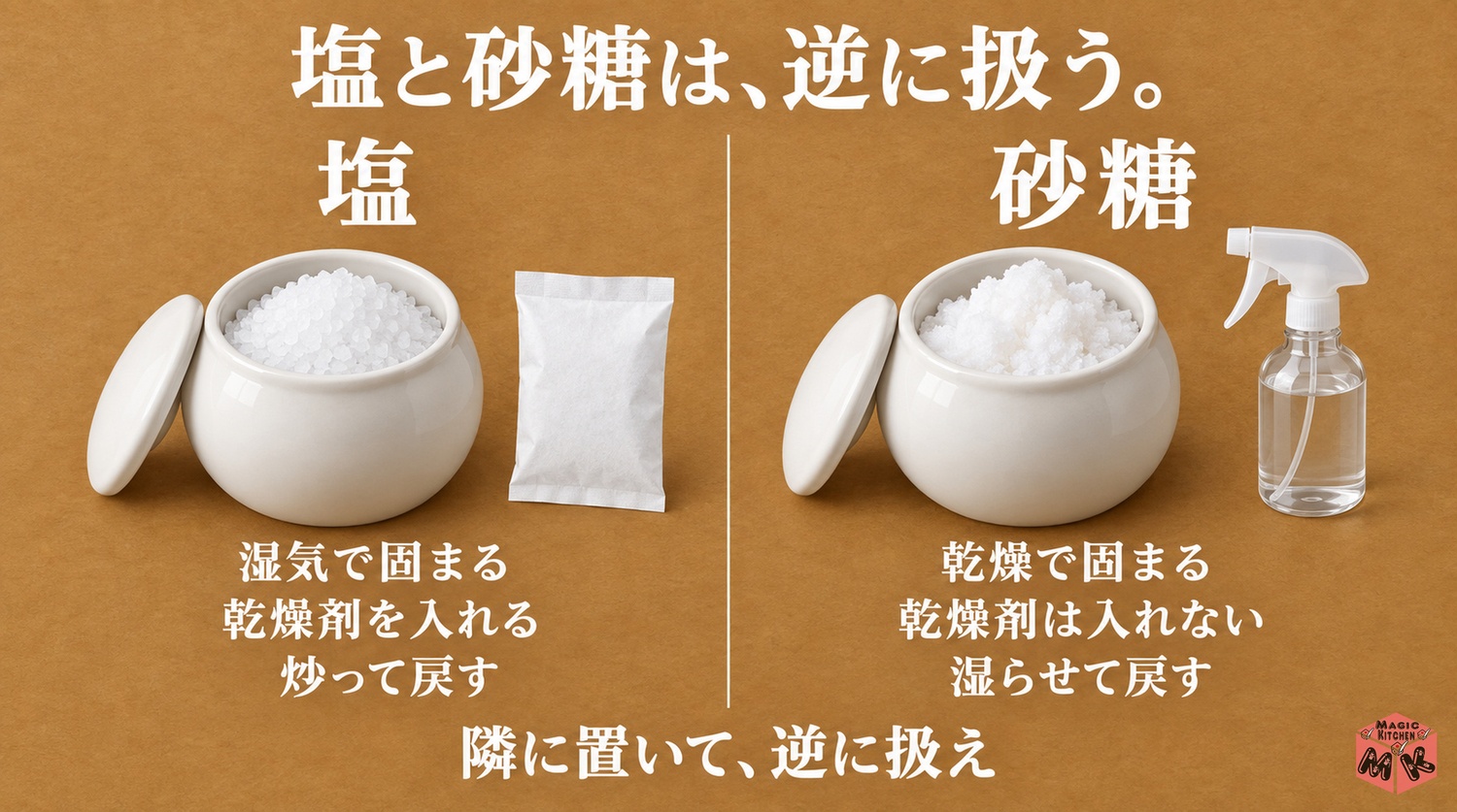塩と砂糖は固まる理由が逆（塩は湿気・砂糖は乾燥）
