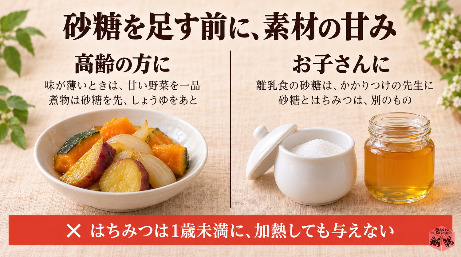 高齢者や子供にやさしい砂糖の使い方（素材の甘み・はちみつは1歳未満に不可）