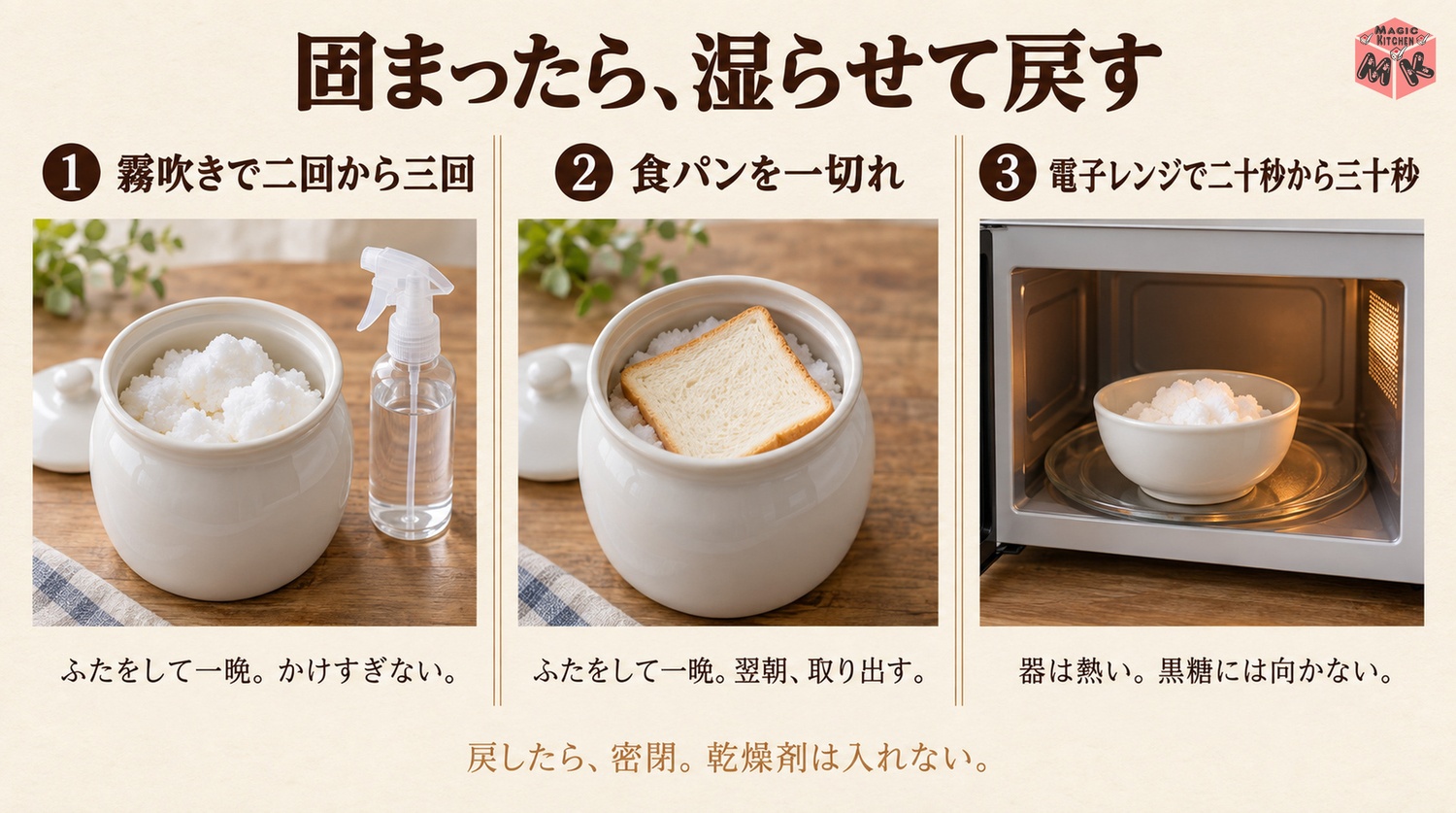 固まった砂糖の戻し方（霧吹きで一晩・食パンを一切れ・電子レンジで20〜30秒）