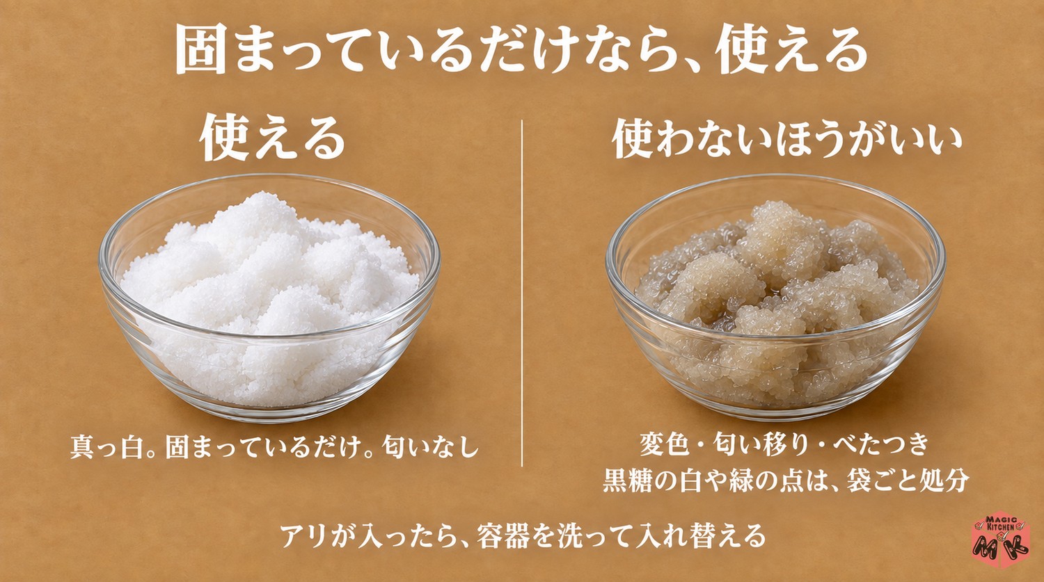 砂糖の傷んだサインの見分け方（固まっているだけなら使える）