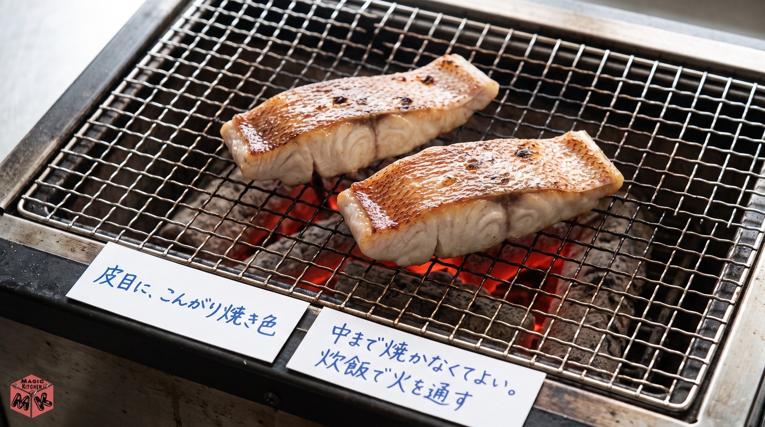 鯛の皮目を焼いて香ばしくする