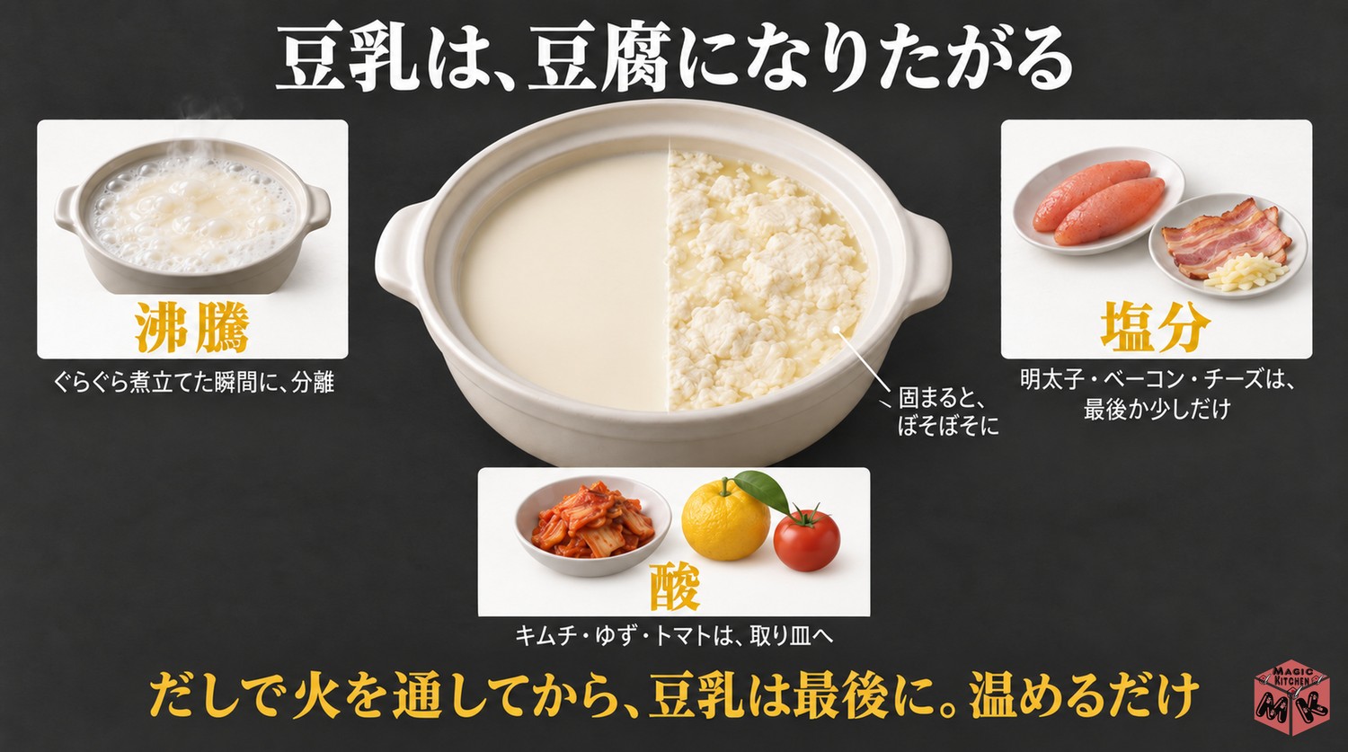 豆乳が分離する3つの原因（沸騰・塩分・酸）と、それを持つ具材
