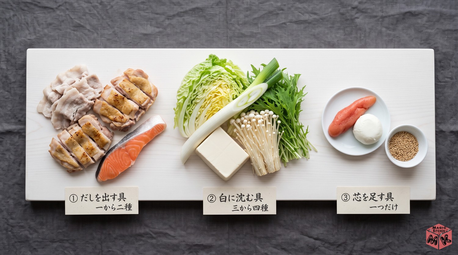 豆乳鍋の具材選びの3つの考え方（だしを出す具・白に沈む具・芯を足す具）