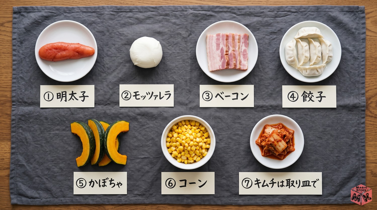 豆乳鍋の変わり種の具材7選（明太子・チーズ・ベーコン・餃子・かぼちゃ・コーン・キムチは取り皿で）