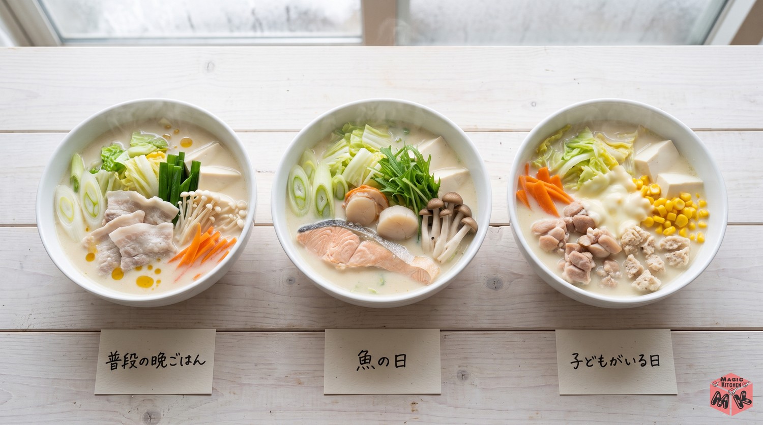 豆乳鍋の具材の組み合わせ例3パターン（普段・魚の日・子どもがいる日）