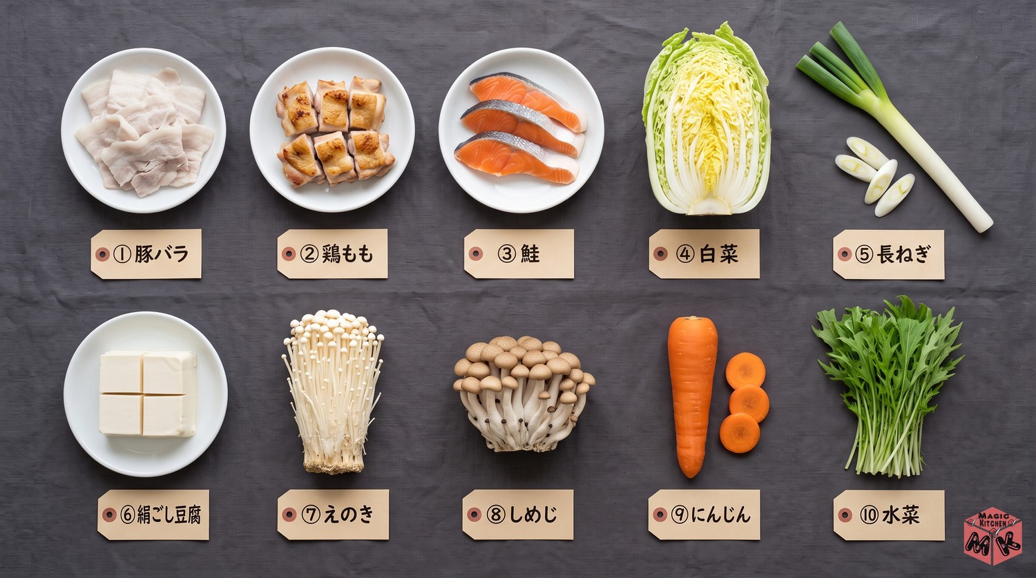 豆乳鍋の定番の具材10選（豚バラ・鶏もも・鮭・白菜・長ねぎ・豆腐・えのき・しめじ・にんじん・水菜）