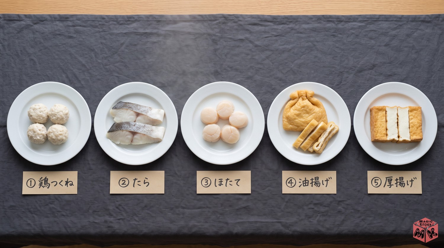 豆乳鍋のうま味を足す具材5選（鶏つくね・たら・ほたて・油揚げ・厚揚げ）