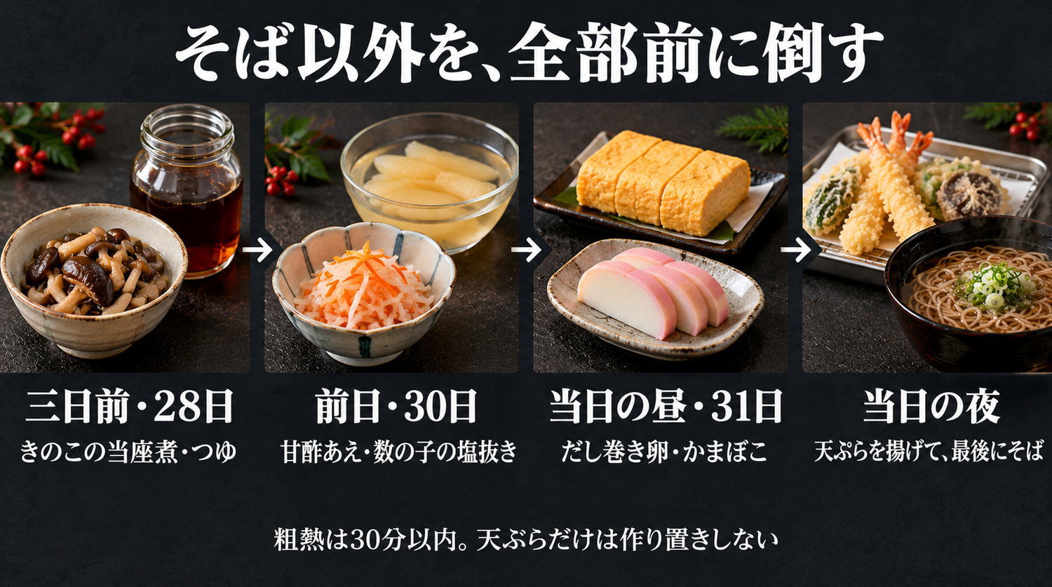 年越しそばの献立の段取り表(28日・30日・31日昼・31日夜)