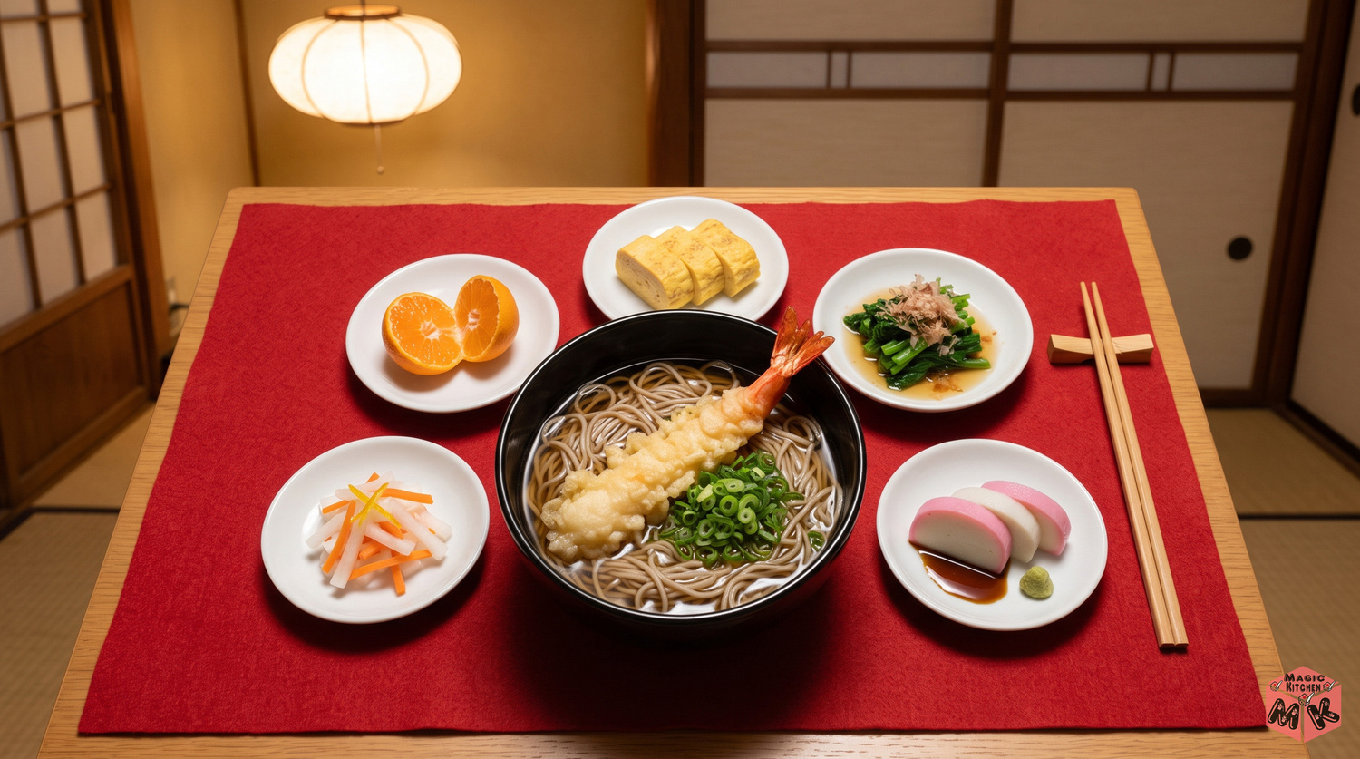 そばの丼を副菜の小皿が囲む年越しそばの食卓