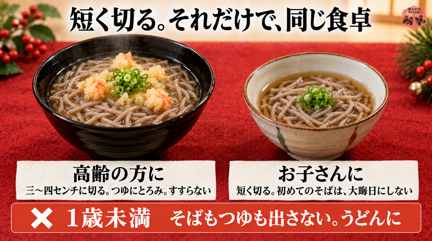 高齢者や子供にやさしい年越しそばの献立(3〜4cmに切る・とろみ・1歳未満には出さない)