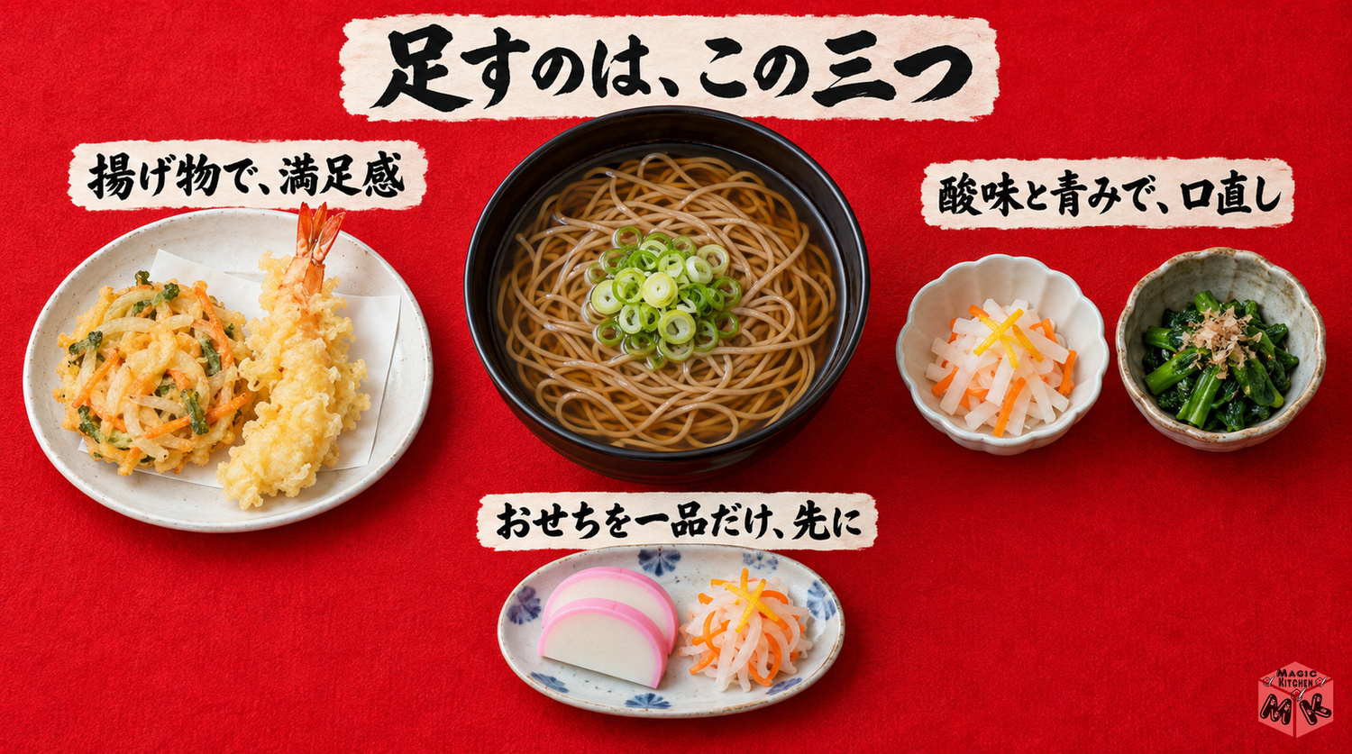 年越しそばに合う献立の3つの考え方(揚げ物・酸味と青み・おせちを一品)