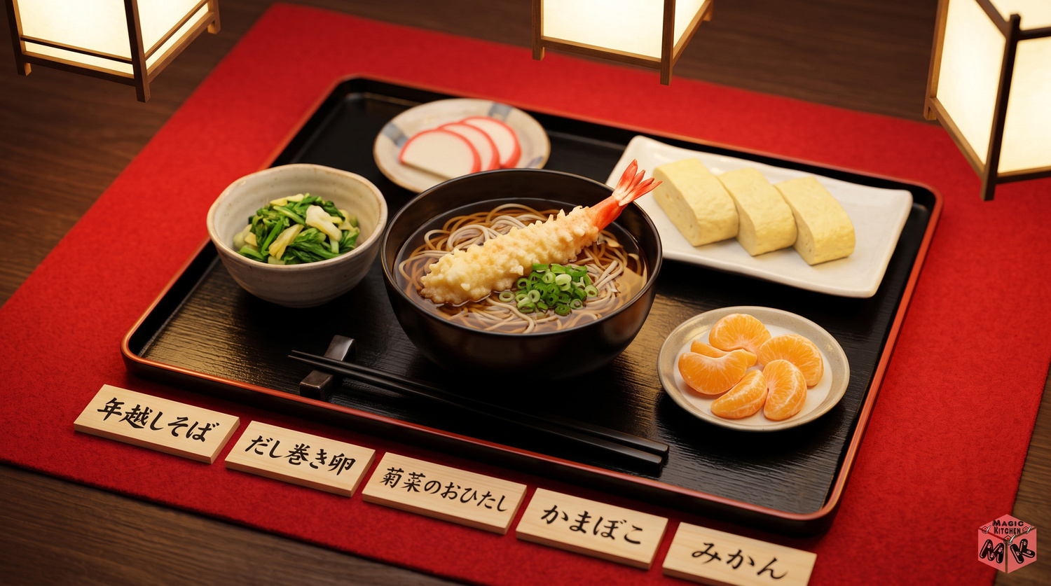 年越しそばの献立A(かけそばとえび天・だし巻き卵・菊菜のおひたし・かまぼこ・みかん)