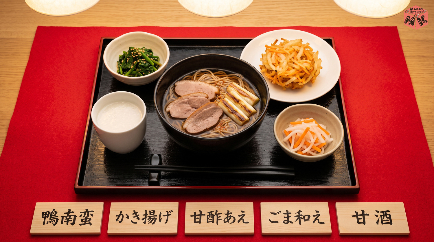 年越しそばの献立B(鴨南蛮・かき揚げ・大根とにんじんの甘酢あえ・ほうれん草のごま和え・甘酒)