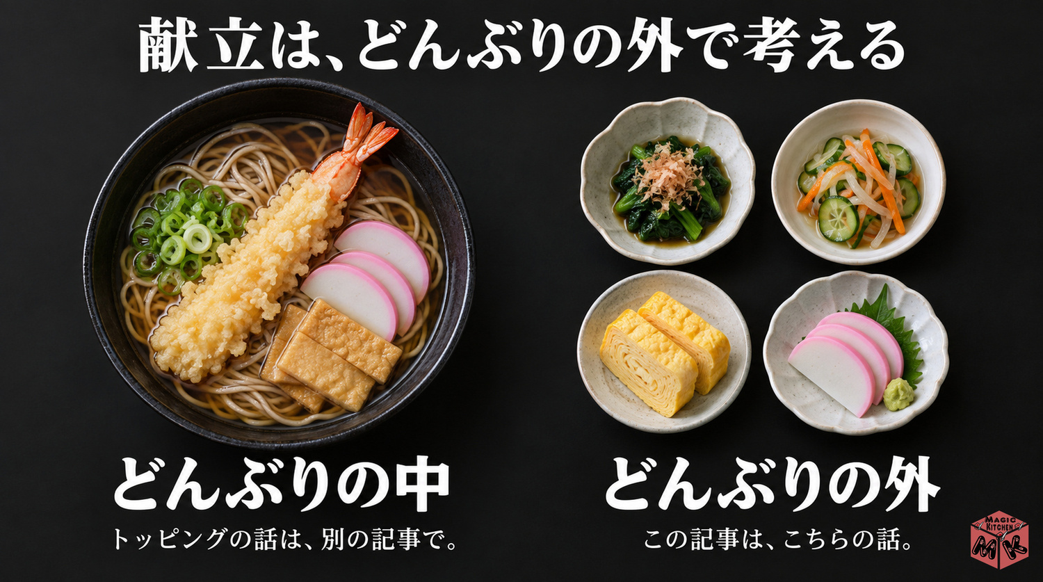 年越しそばの具材と献立の違い(どんぶりの中と外)