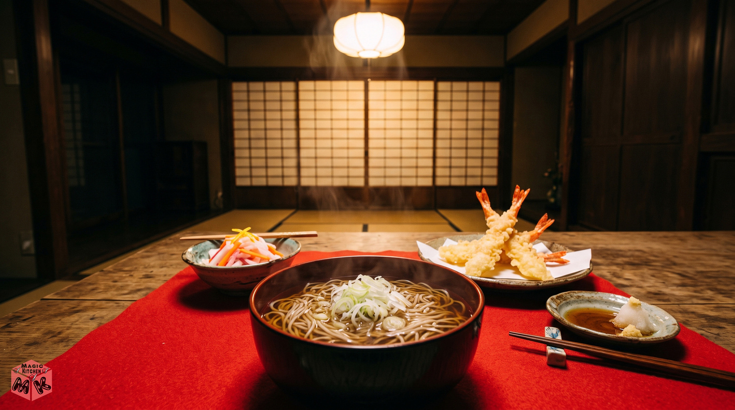 年越しそばとえび天となますの食卓