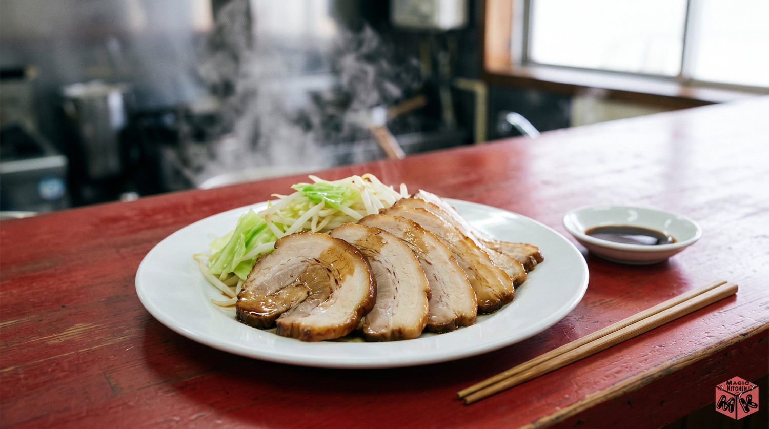薄切りチャーシューと副菜と汁物の献立